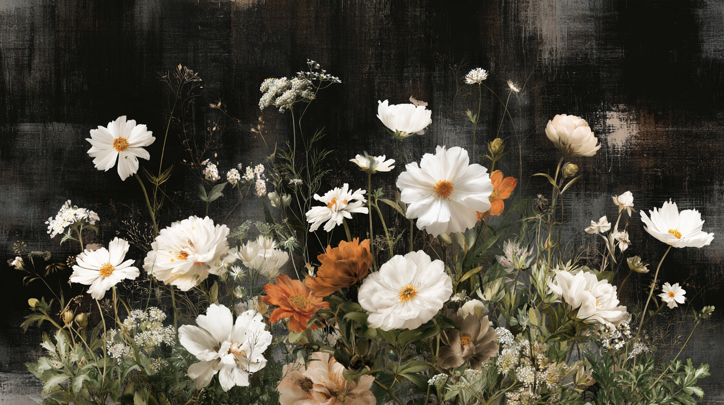 Fiori bianchi e arancio su un fondo dipinto scuro
